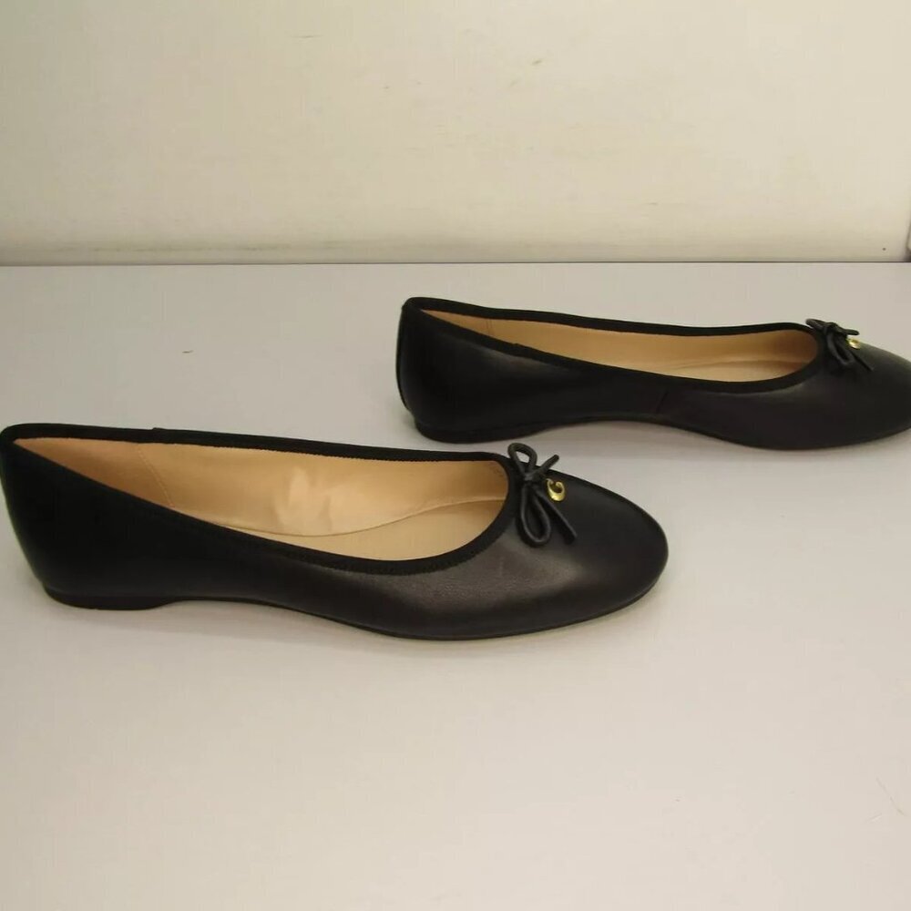 Coach Black Leather Ballet Flats with Gold 'C' Bow Accent - Picture 3 of 7